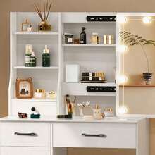 Teousev Dressing Table With LED Lights Mirror & Stool, Vanity Makeup Table With 5 Drawers, Open Storage Shelves, 3 Colour Adjustable Light, Lockable Drawers, White Cosmetic Desk For Bedroom - White - View 2