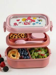 1pc Cute Cartoon Lunch Box With Utensils, Leak-Proof Stackable Portable Lunch Container, Back To School Essential, Suitable For School, Picnic And Outdoor Dining - Multicolor - View 2