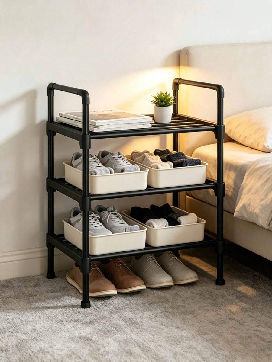 1 قطعة رف أحذية عريض بسيط من 3 طبقات، خزانة أحذية متعددة الطبقات قوية للمنزل وإطار الباب والسكن الجامعي، رف تخزين اقتصادي للأحذية القماشية، ضروري للمنزل المريح - الأسود - مشاهدة 1