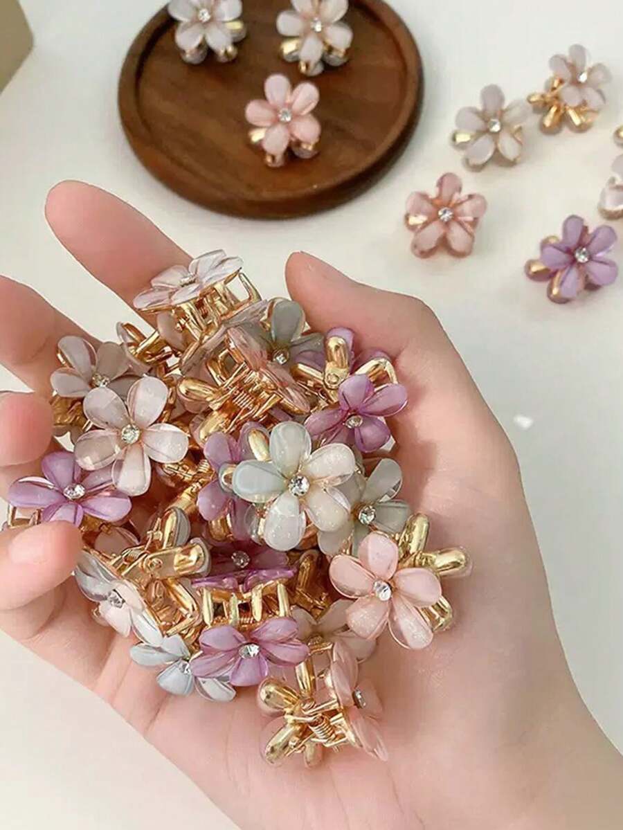 10/20/30pcs Random Mixed Color Alloy Crystal Flower Hair Clips, Exquisite Flower Shaped Hair Clips, Camellia Mini Claw Hair Clips, Suitable For Girls Side Hairstyles, Hair Accessories, Hair Clips For Braiding, Suitable For Daily Wear, Parties, Vacations. - Multicolor - View 1