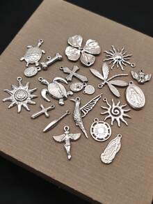 20pcs Fashion Versatile Stainless Steel Multi-Element Flower/Turtle/Bird/Portrait/Sun/Angel Pendant DIY Bracelet Necklace Earring Jewelry Accessories - Silver - View 1