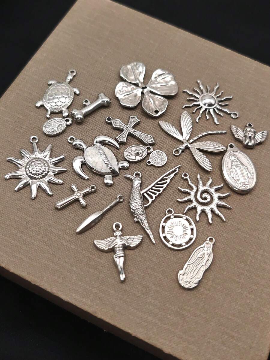 20pcs Fashion Versatile Stainless Steel Multi-Element Flower/Turtle/Bird/Portrait/Sun/Angel Pendant DIY Bracelet Necklace Earring Jewelry Accessories - Silver - View 1