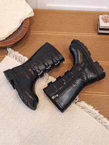 Girls' Brown Tall Riding Boots With Metal Buckle Side Zipper, Warm Long Boots For Autumn/Winter - Black - View 4