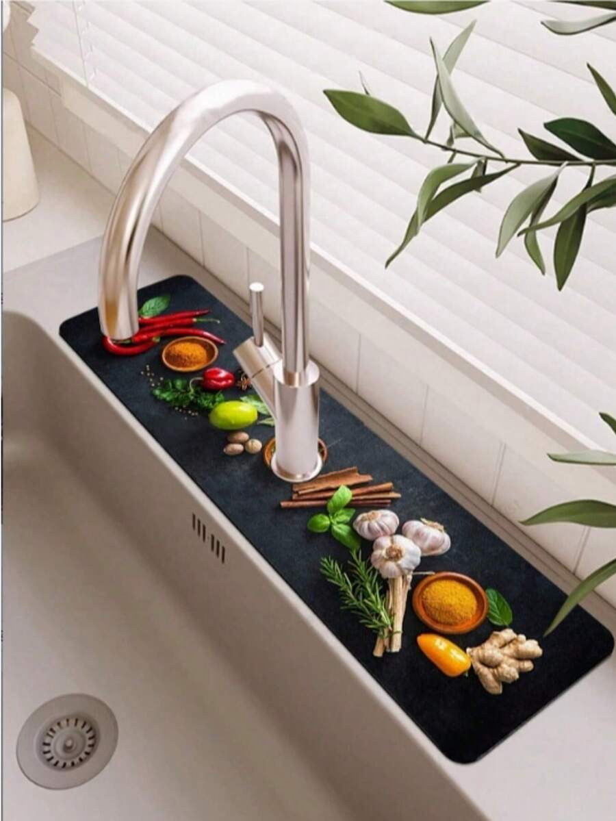 Seasoning Pattern, Faucet Drip Pad, Diatomaceous Earth Countertop Drip Strip, Coffee Mat, Drying Mat, Autumn Home Decor, Suitable For Kitchen, Bathroom, Bar, Halloween, Christmas Decoration - Multicolor - View 1