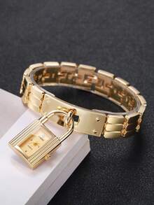 Jam Tangan Quartz Wanita dengan Desain Kunci Personalisasi, Dial Persegi Kecil yang Indah, Tali Paduan Emas, Jam Tangan Mewah Niche, Hadiah untuk Pacar (1 buah/Set) Kotak Jam Tangan Tidak Termasuk - Emas - View 7