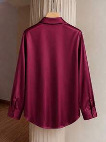 Blus Lengan Panjang Elegan Bergaya Prancis dengan Hiasan Ruffle, Potongan Longgar untuk Wanita dengan Desain Menutupi Perut, Hem Berkerut, Cocok untuk Perjalanan Sehari-hari, Item Fesyen Serbaguna - Burgundy - View 4
