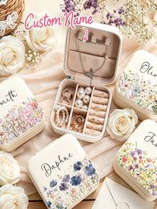 Personalized Beige Jewelry Box, Customizable Name Travel Jewelry Box, Suitable For Bridesmaids, Couples And As Gifts; Equipped With Fabric Lining And Zipper Closure, Combines Storage Function; Suitable As Valentine's Day, Christmas, Birthday Gifts Or Thoughtful Gifts For Her; Portable Design, Unique Gift For Women, Men, Sisters Or Close Friends. - Multicolor - View 9
