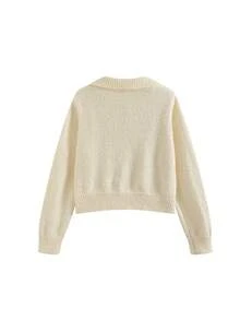 Korean Style Soft Knit Cardigan With Turn-Down Collar And Zipper, Loose Fit Versatile Minimalist Casual Sweater Jacket - Apricot - View 3