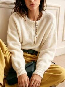 Women's Mohair Knit Sweater Pullover, Slouchy Round Neck Soft Fluffy Loose Design Solid Color Versatile Top Fall - Apricot Color - View 6