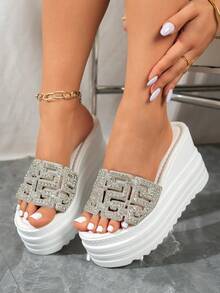 New Rhinestone Thick Sole Wedge Flip Flops, 5.5cm Front Platform, 8.5cm Heel Height Slip-On Sandals, Women's Summer Shiny Comfortable Thick Sole Slippers - White - View 5