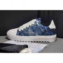 Num 2026 New Street-Style Platform Sneakers, Canvas Shoes With Digital Print, Comfortable Flat Casual Shoes For Couples, Unisex - Blue and Silver Splatter - View 4