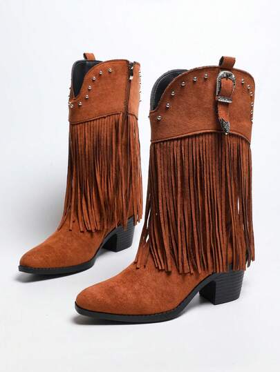 Women's Buckle Rivet Long Fringe Pointed Toe Mid-Calf Chunky Heel Western Boots, Vintage Brown Suede Composite Velvet Shaft Boots