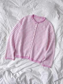 Plus Size Women's Thick Knit Cardigan Sweater, Striped Color Block Loose Casual, Small Round Neck Single-Breasted, Suitable For Autumn/Winter - Pink - View 7