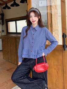 Blus Wanita Motif Kotak-kotak Gaya Korea dengan Kancing dan Hiasan Rumbai - Biru - View 7