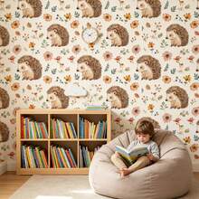 YUANYI 1 Roll Bohemian Watercolor Hedgehog Self-Adhesive Wallpaper, Children's Bedroom Background Wall Decor Sticker, Waterproof Oil-Proof Removable Wallpaper, Glue-Free Thickened Linen Texture, DIY Furniture Renovation, 44.5cm Wide Multi-Length Roll - Hedgehog - View 3