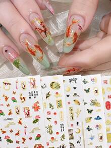 12 Buah Stiker Kuku Gaya Cina, Foil Emas, Burung Walet Bambu, Kaligrafi, Pola Jendela Lentera, Stiker Seni Kuku Perekat untuk Dekorasi Manikur DIY - MultiWarna - View 4