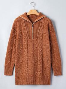 Acelitt Autumn/Winter Casual Loose Half-Zip Collar Cable Knit Argyle Jacquard Long Sleeve Sweater Dress, Suitable For Daily And Holiday Wear - Brown - View 4