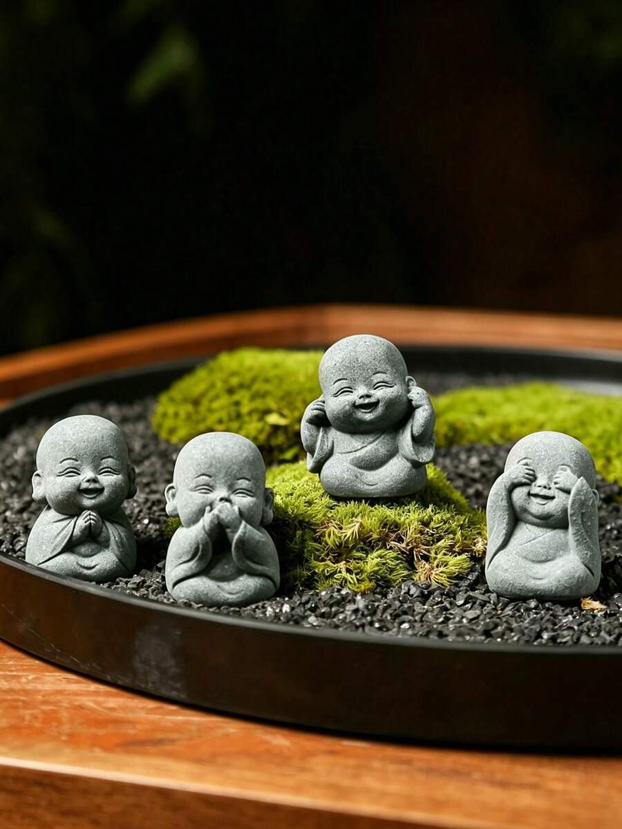 1件手工樹脂禪意微笑佛像,完美裝飾,抽象迷你室內花園佛像,盆景石景庭院與居家辦公室靜心冥想裝飾 - 1件裝 - 查看 1