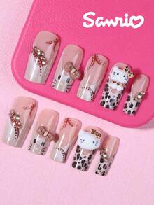 Sanrio Hello Kitty 24片中號正方形豹紋法式穿戴甲，可愛3D Hello Kitty裝飾、蝴蝶結鑲水鑽，完美貼合壓克力假指甲套組，含1片果凍膠與1片指甲锉，適合女孩日常與派對使用 - 彩色 - 查看 3