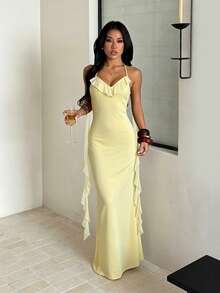 Women's Summer Backless Ruffle Strap Dress, Suitable For Dates, Graduation Season, Gatherings, Parties - Yellow - View 2