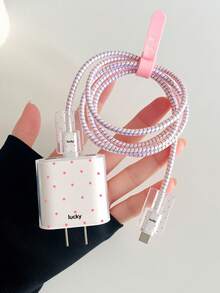 Polka Dots In Pink 1.5-Meter Winding And Fixing Device, Anti Break Data Cable Charging Head Protection Set, Compatible With Iphone 20W Fast Charging Data Cable - Multiple Styles - View 1