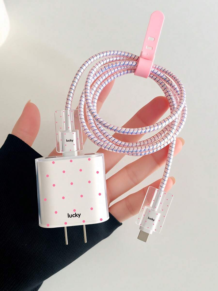 Polka Dots In Pink 1.5-Meter Winding And Fixing Device, Anti Break Data Cable Charging Head Protection Set, Compatible With Iphone 20W Fast Charging Data Cable - Multiple Styles - View 1