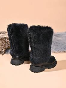 Children's Fashion New Long Fur Trim Soft Leather Boots - Black - View 4