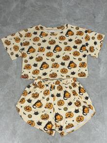 Set 2 pcs Minimalis Motif Hantu Halloween, Pakaian Santai Longgar Rajut, Atasan Lengan Panjang dan Celana Pendek Belahan Samping, Cocok untuk Digunakan di Rumah - Aprikot - View 5