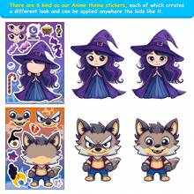 6 Sheets Halloween DIY Make Your Own Stickers, Witch, Ghost, Black Cat & Pumpkin Character, Kids Craft Stickers For Party Game, Favor Gift - Multicolor - View 3