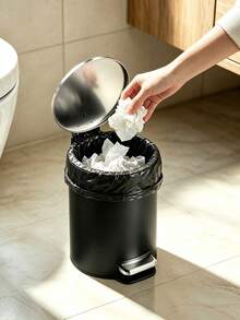 3L/5L Color Block Matte Black Metal Trash Can With Lid, Stainless Steel Foot Pedal Waste Bin, Large Capacity Round Wastebasket For Home Living Room Bedroom Bathroom Kitchen Office Storage - View 3