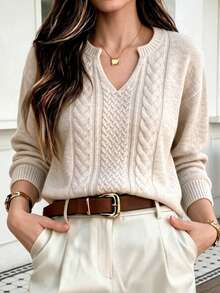 Sweater Rajut Kabel Warna Oatmeal Wanita, Leher V Setengah Terbuka, Pullover Lengan Panjang Longgar Bahu Jatuh Lembut Mirip Wol, Atasan Kasual Sehari-hari untuk Musim Gugur dan Musim Dingin - Aprikot - View 4
