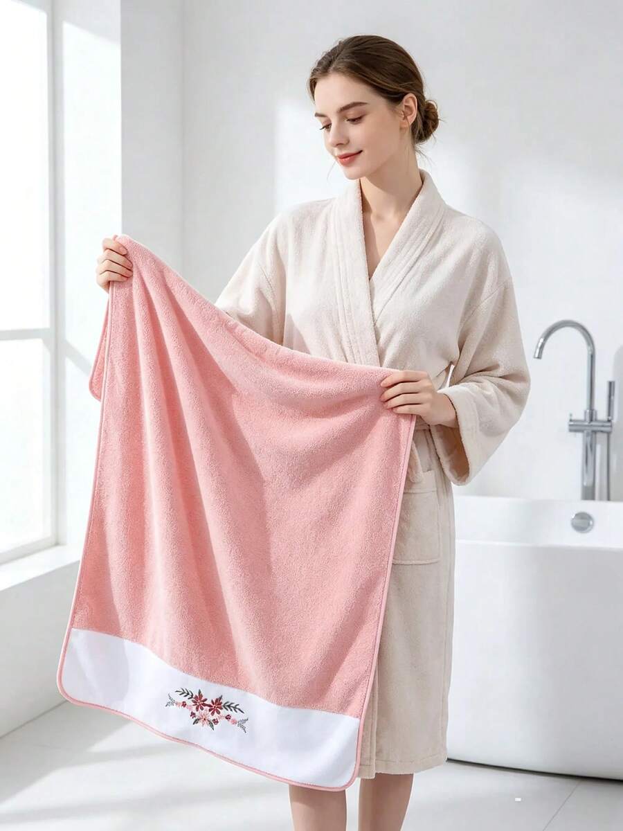 1pc Thin Polyester Fiber Pink Bath Towel/Kitchen Hand Towel, Floral Pattern, Suitable For Women All Seasons, Quick-Drying, Suitable For Bathroom, Hotel, Travel, Holiday Gift, Beauty Salon, Home Decor