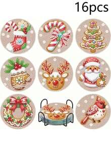 8/16pcs Winter Christmas Diamond Coaster Painting Set - Winter Christmas Pattern, Non-Slip Round Coasters, DIY Mosaic Handmade Full Round Crystal Rhinestone Heat-Resistant Coasters, Kitchen & Dining Room Decor, Suitable For Home Life, Handmade Gift, Christmas Gift - A - View 10