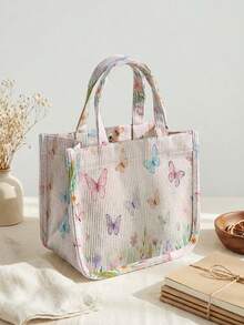 1pc Butterfly Print Corduroy Tote Bag, Snap Closure Cute Handbag, Reusable Student School Daily Outdoor Shopping Lunch Bag - Multicolor - View 2