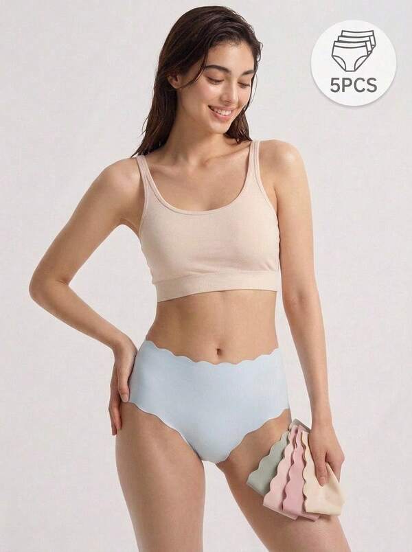 Mystèrelle 5 Stück/Pack Damen Unterhosen mit tiefer Taille, wellenförmiger Saum Design - weicher, dehnbarer Stoff, einfarbig, bequeme Alltagsunterwäsche, lässige Höschen