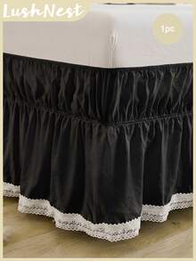 1pc Pure Black Hollow Geometric Lace Trim Bed Skirt, Simple Daily Fresh Cute Classic, Polyester Fiber Comfortable Breathable, Suitable For Bedroom Scenes, Home Decor, Lace Bedding, Black Decoration, Cozy Bedroom - Black - View 2