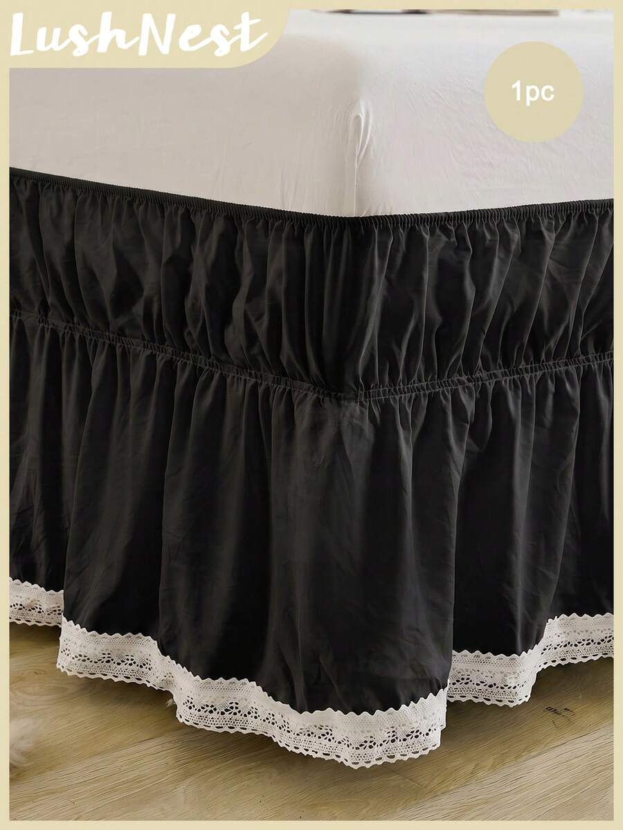 1pc Pure Black Hollow Geometric Lace Trim Bed Skirt, Simple Daily Fresh Cute Classic, Polyester Fiber Comfortable Breathable, Suitable For Bedroom Scenes, Home Decor, Lace Bedding, Black Decoration, Cozy Bedroom