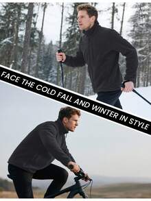 KEFITEVD Men's Full Zip Fleece Jacket, Warm Soft Winter Coat, Stand Collar, Zipper Pockets, Adjustable Drawstring Waist, Suitable For Hiking And Camping - Black - View 6