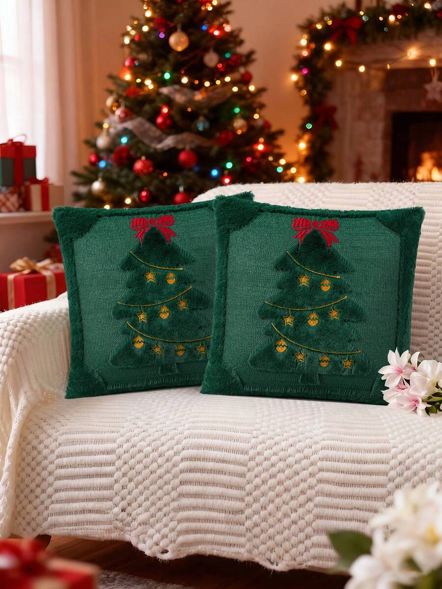 1 pieza/2 piezas Funda de almohada navideña, decoración de estrella amarilla y árbol de Navidad verde, funda de cojín de felpa suave de piel sintética jacquard con lazo rojo, adecuada para dormitorio, sofá, decoración del hogar en invierno y festividades, inserto de almohada no incluido - Verde - Ver 1