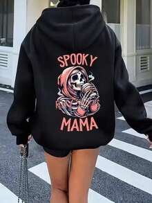 Skull Pattern Crew Neck Hoodie,Printed With A Skull Drinking Coffee And A Scary Halloween Mom Pattern,Suitable For Casual Wear. - 黑色 - 查看 7