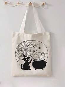 1pc Halloween Spider Web Print Canvas Tote Bag, Large Capacity Hand‑Held Shoulder Bag, Reusable Shopping Bag For Halloween Party Daily Commute - Beige - View 11