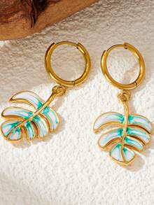1 Pair Gold Tone Huggie Hoop Earring Color Swirl Enamel Monstera Leaf Charm Dangle Earrings Summer Boho Aesthetic Accessories - Leaves - View 3