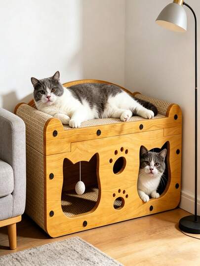 2-In-1 Cat Sofa Bed With Scratching Board, Multifunctional Cat House With Hanging Plush Ball Toy, Corrugated Cardboard Cat Scratcher Hideout For Indoor Kitten Rest & Play