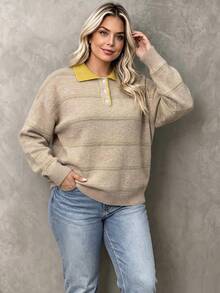 Plus Size Women's Casual Vintage Knit Polo Shirt, Button Design, Long Drop Shoulder Sleeves, Regular Length, Suitable For Daily Wear - Apricot - View 5