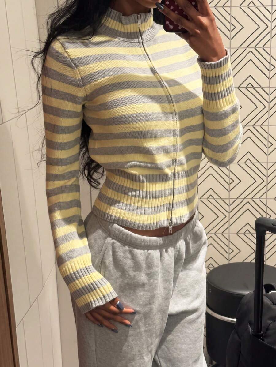 Women's Yellow & Grey Striped Cardigan, Knitted Long Sleeve Stand Collar Cropped Top, Double Zipper Design, Ribbed Details, Suitable For Spring Fall - Yellow Gray - View 1