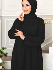 Fashionable Women's Casual Retro Solid Color Round Neck Long Loose Robe, Dignified And Proper Black Spring Fall - Black - View 3