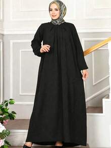 Fashionable Women's Casual Retro Solid Color Round Neck Long Loose Robe, Dignified And Proper Black Spring Fall - Black - View 2