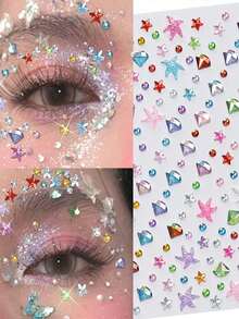 451pcs 3D Summer Rainbow Glitter Rhinestone Stickers, 2pcs Shiny Heart-Shaped Self-Adhesive Rhinestone Stickers, Heart Design Suitable For Makeup And Clothing, Multi-Color Diamond Face Decor For Festivals, Parties And Events - Multicolor - View 3