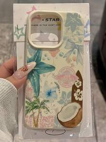 1pc White Matte Minimalist Lens Protection Starfish Coconut Tree Flower Pattern Phone Case, Personalized Compatible With Iphone 16 Pro Max/17/16/15/14 Plus/13/12/11/Air And Series - Multicolor - View 2