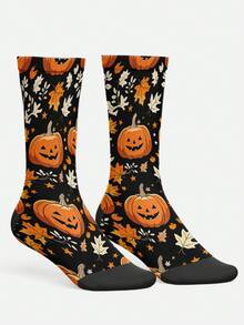 Calcetines para hombre con estampado 360°, estilo callejero, patrones de linterna de calabaza de Halloween, gato negro, murciélago, calcetines coloridos y divertidos, adecuados para uso diario, festividades y ocasiones de fiesta - Negro - Ver 3